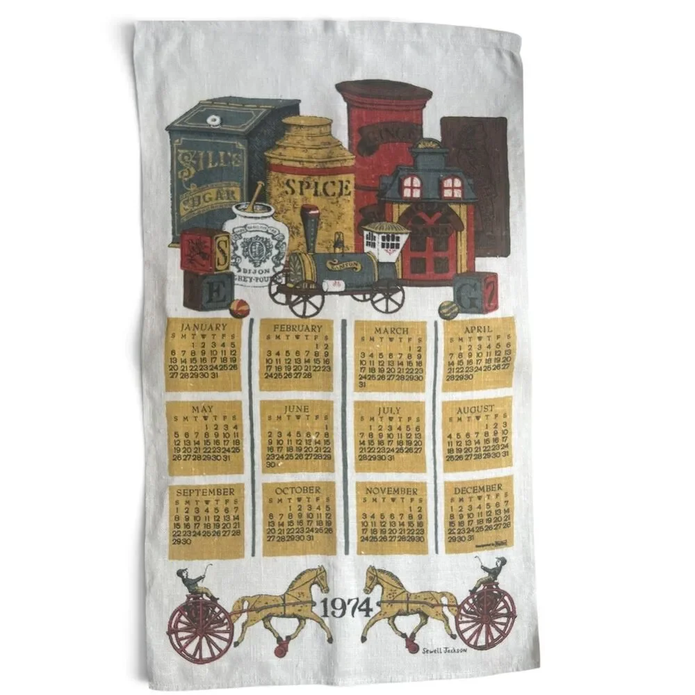 Vintage 1974 Sewell Jackson Linen Calendar Tea Towel Train Sugar Spice Kitchen